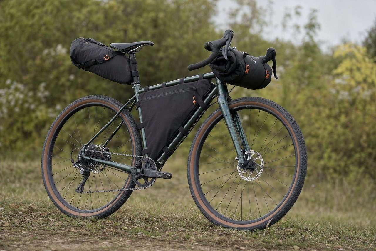 A three-quarter view of a bikepacking bike showing the frame bag, seat pack and handlebar roll all mounted together
