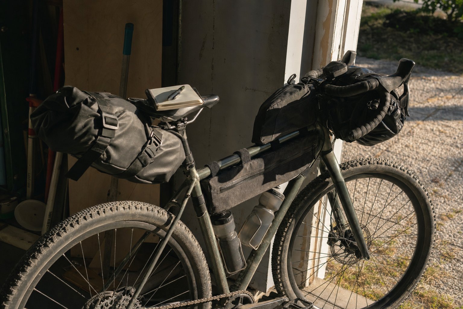 A fully loaded bikepacking bike leaning against a garage wall, ready to go, a notebook resting on the saddle