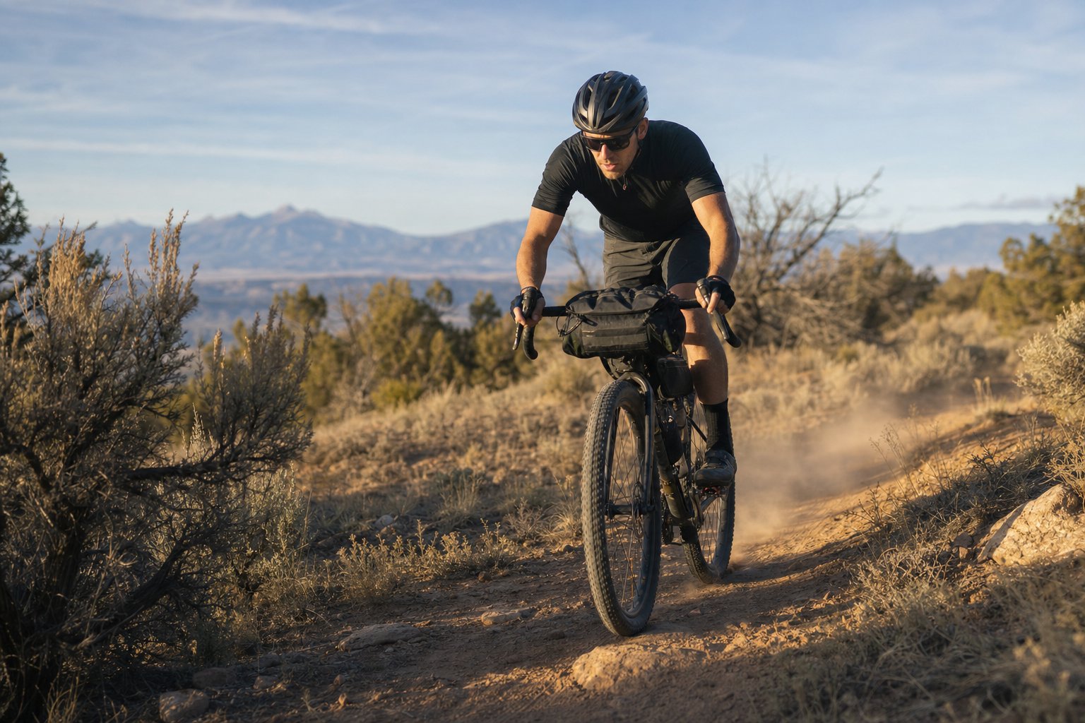 A cyclist pedaling a loaded bikepacking bike along a dusty dirt singletrack in low afternoon light