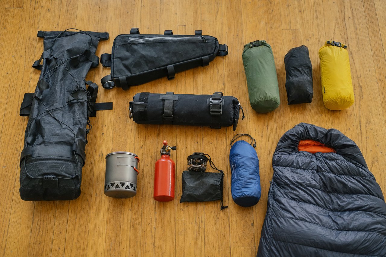 A flat-lay of packed bikepacking bags, a cook kit, a water bottle and a sleeping bag laid out on a wooden floor