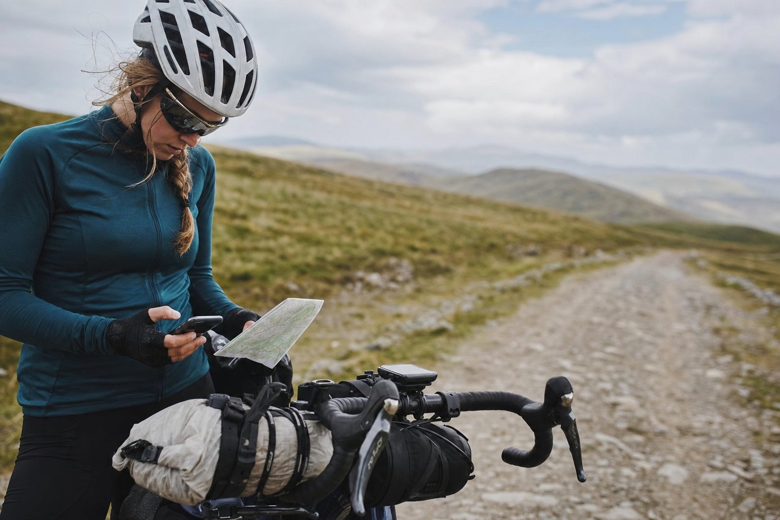 A cyclist stopped on a gravel trail checking a map against handlebar-mounted navigation, loaded bikepacking bike