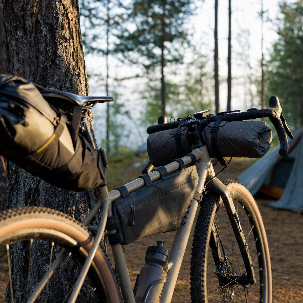 A fully loaded bikepacking bike with frame bag, seat pack and handlebar roll leaning at a campsite