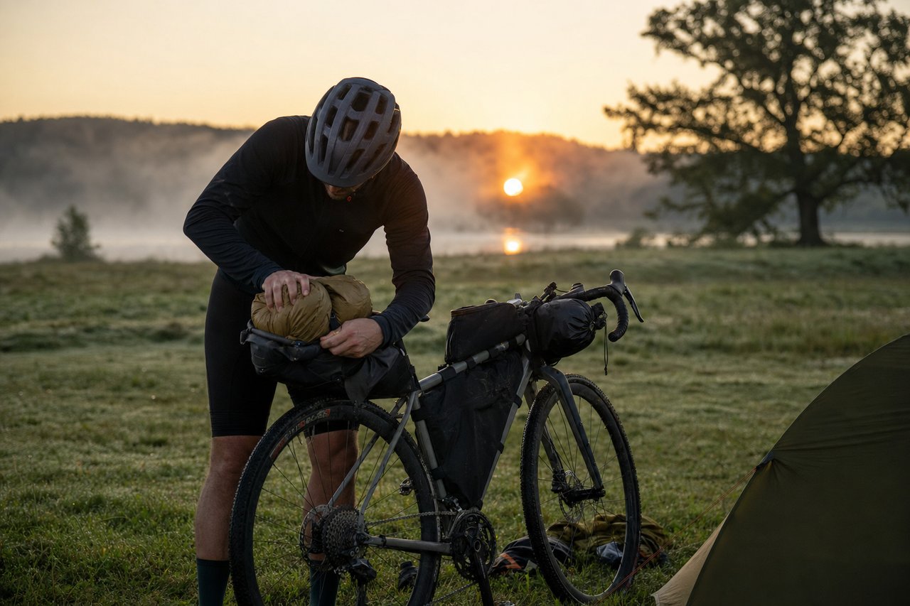 A cyclist packing up a loaded bike beside a tent at sunrise, mist rising off a lake in the background