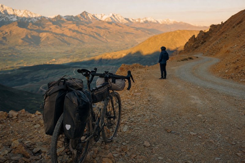 A loaded touring bike parked on a remote gravel mountain road at golden hour