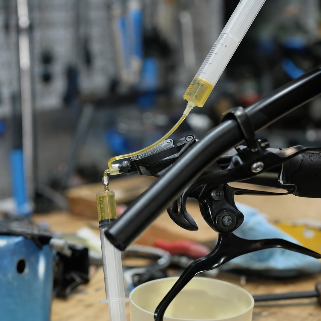 A hydraulic brake bleed kit with syringes connected to a bicycle brake lever on a workbench