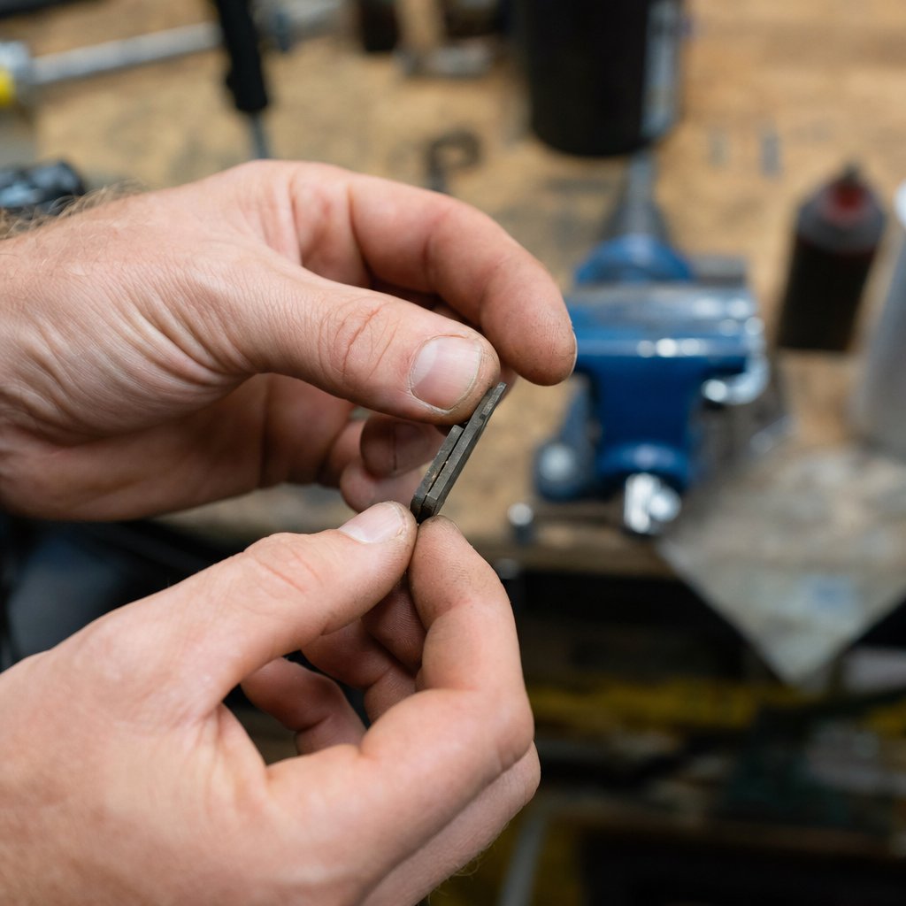Fingers checking the thickness of a bicycle disc brake pad removed from the caliper