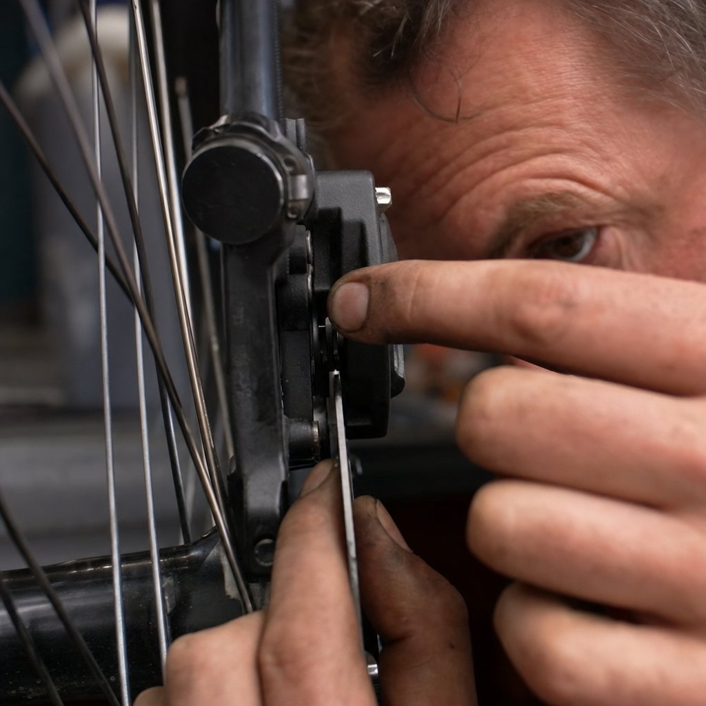 Hands checking the alignment of a bicycle disc brake rotor against the caliper