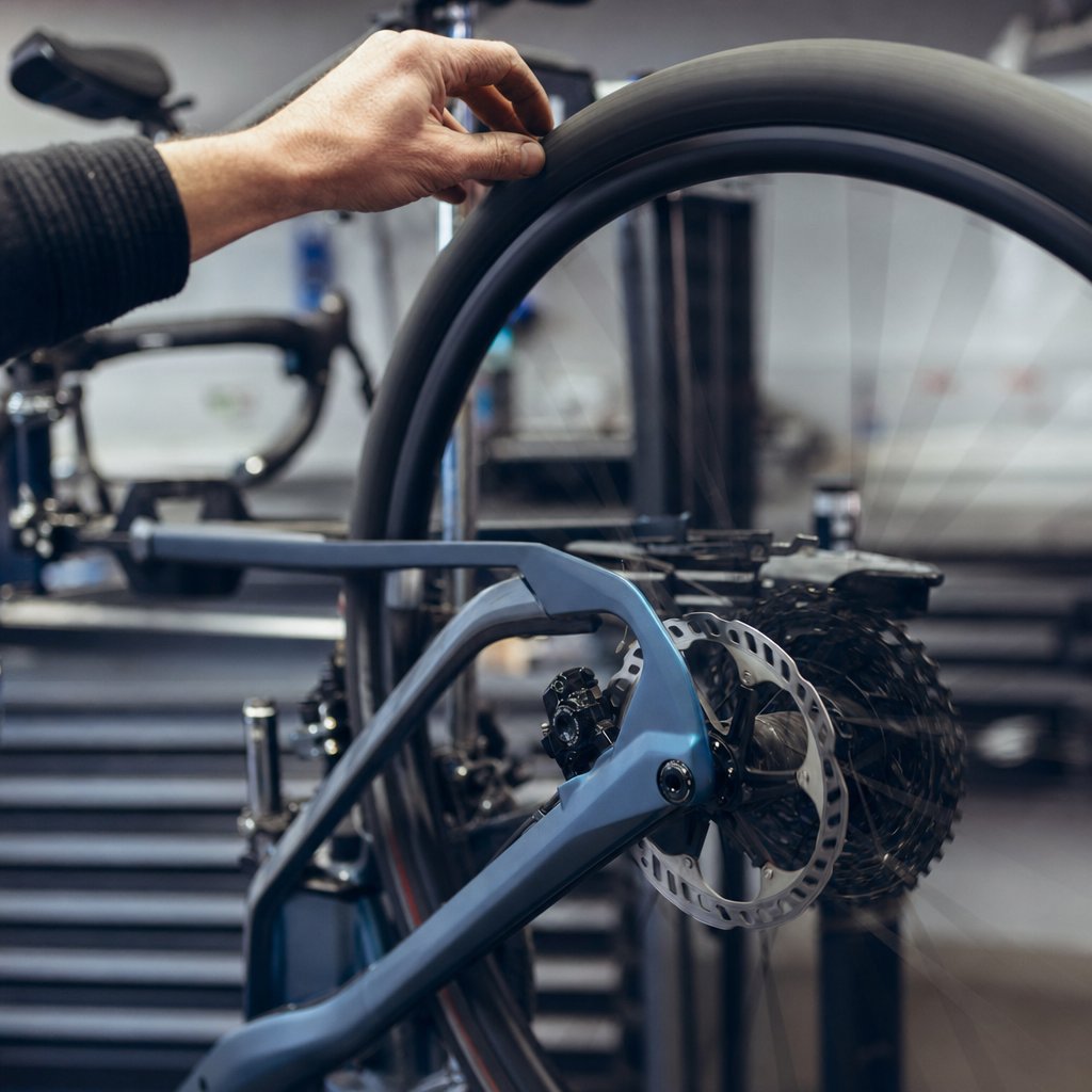 A hand spinning a bicycle wheel to test for brake rub