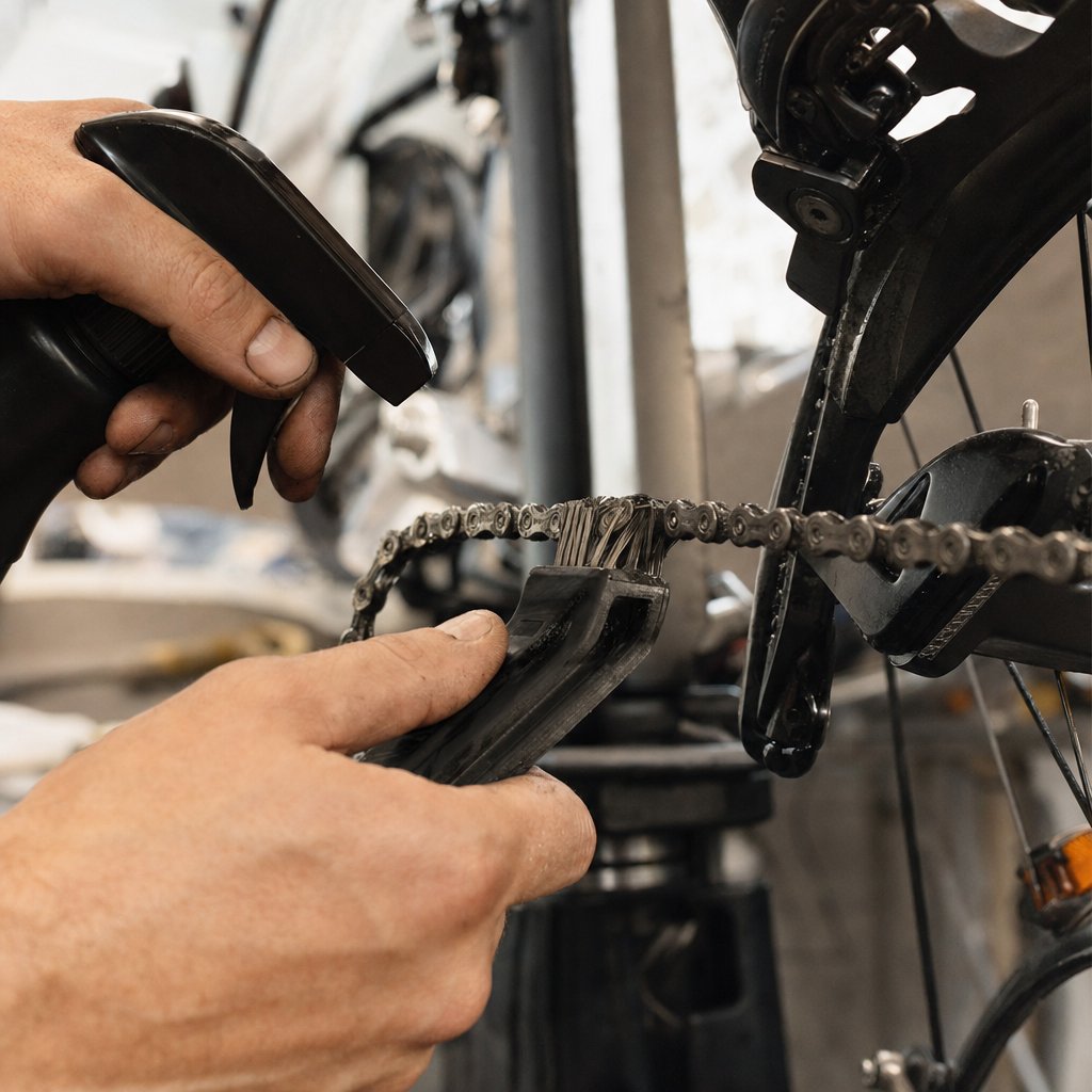 Close-up of hands cleaning a bicycle chain with a brush and degreaser