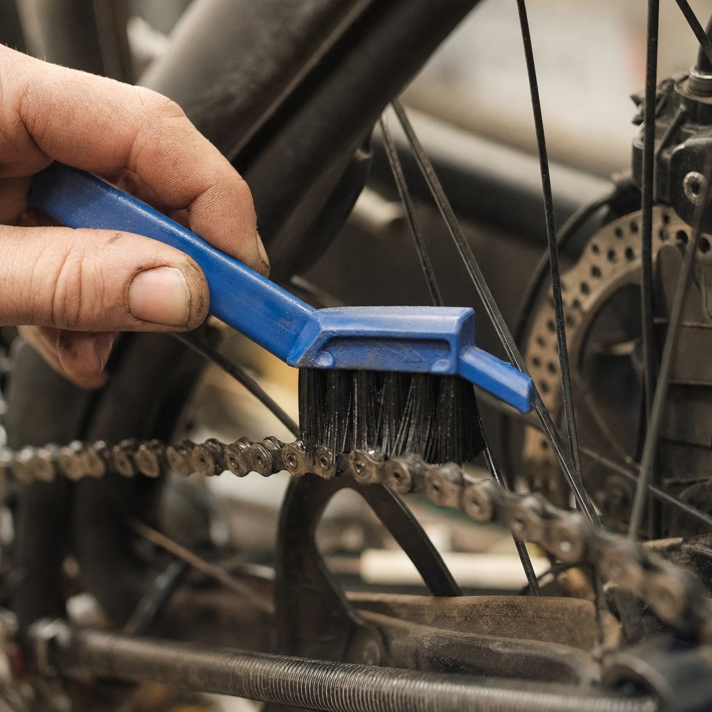 Hand scrubbing a bicycle chain with a chain cleaning brush
