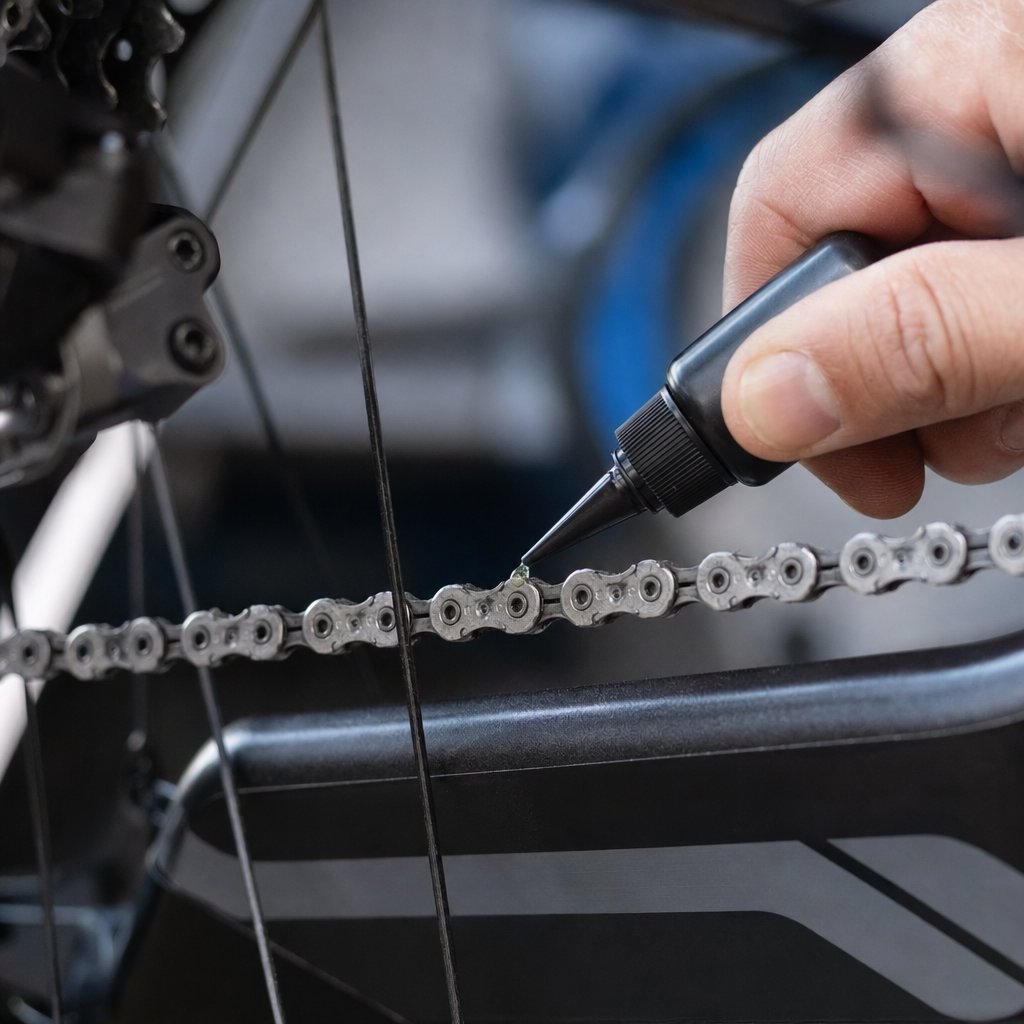 Hand applying a drop of chain lubricant onto a bicycle chain link