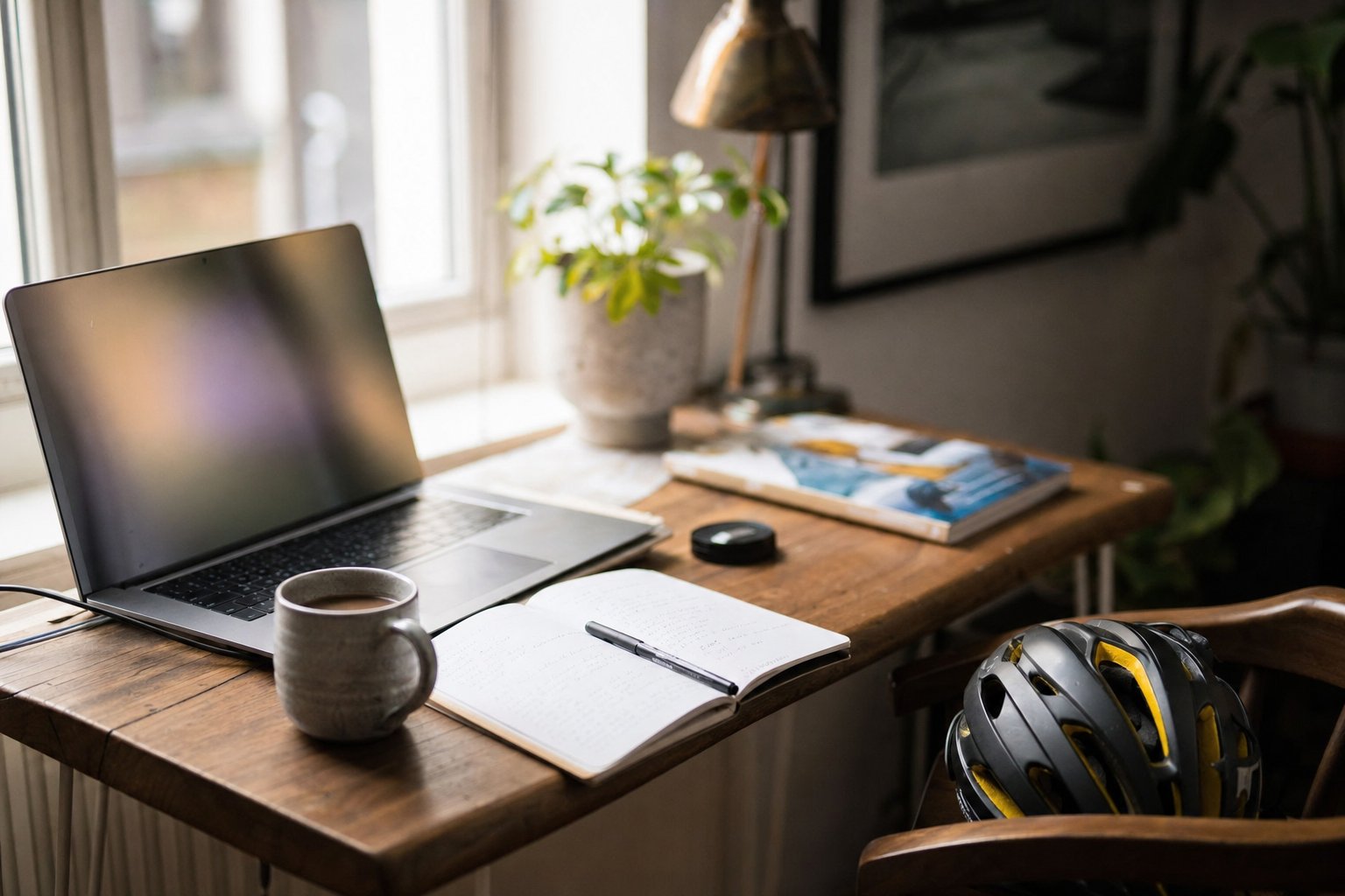 A small home-office desk with an open laptop, coffee, a notebook and a bike helmet resting on a nearby chair