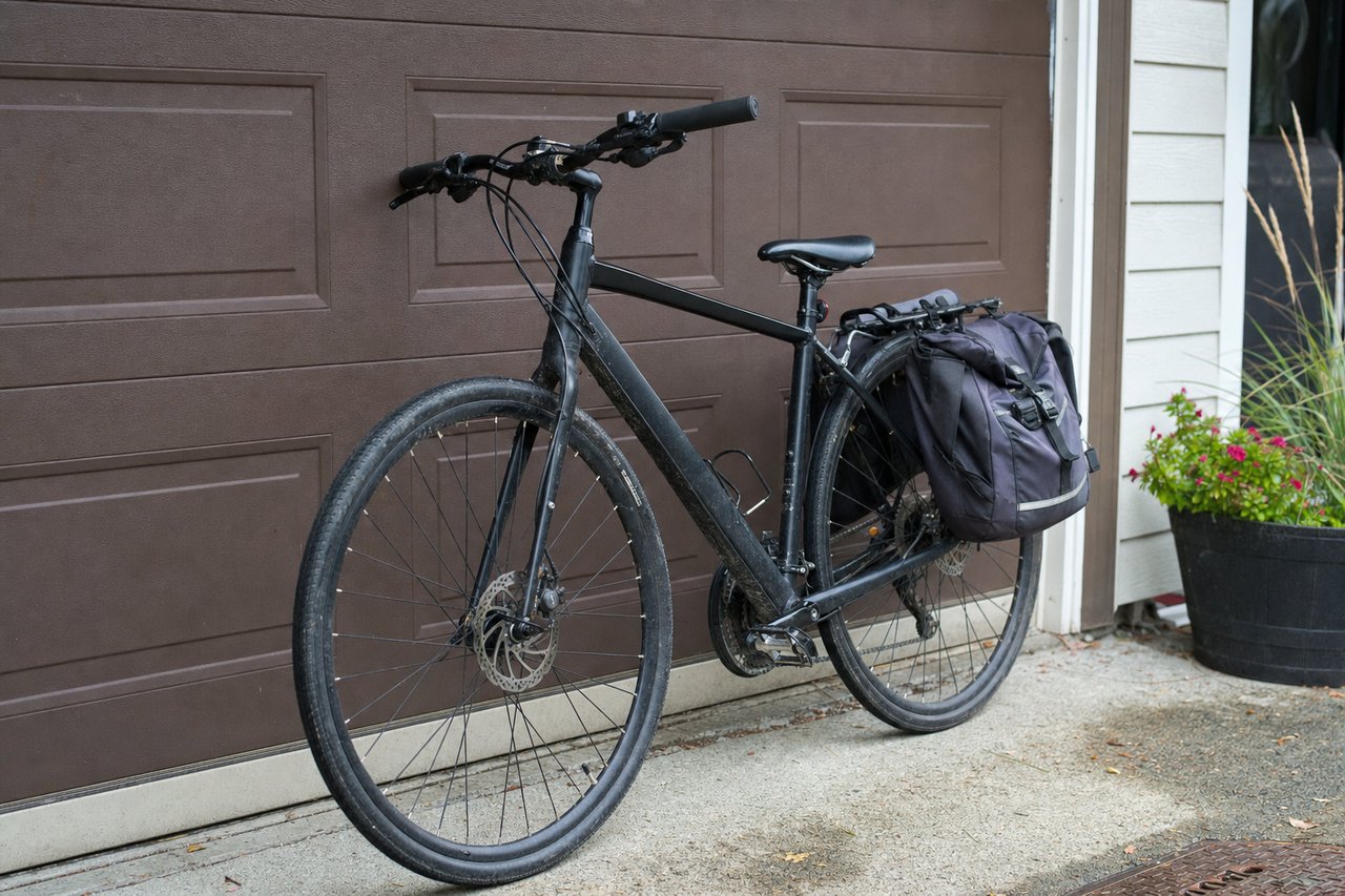 An ordinary flat-bar hybrid commuter bike fitted with simple saddlebags, leaning against a home garage door