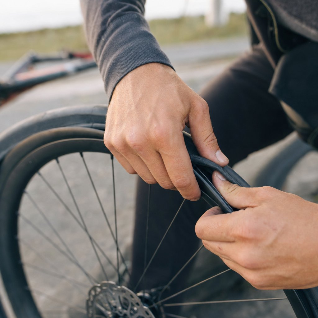 Hands tucking a new inner tube into a bicycle tire and working the bead back over the rim