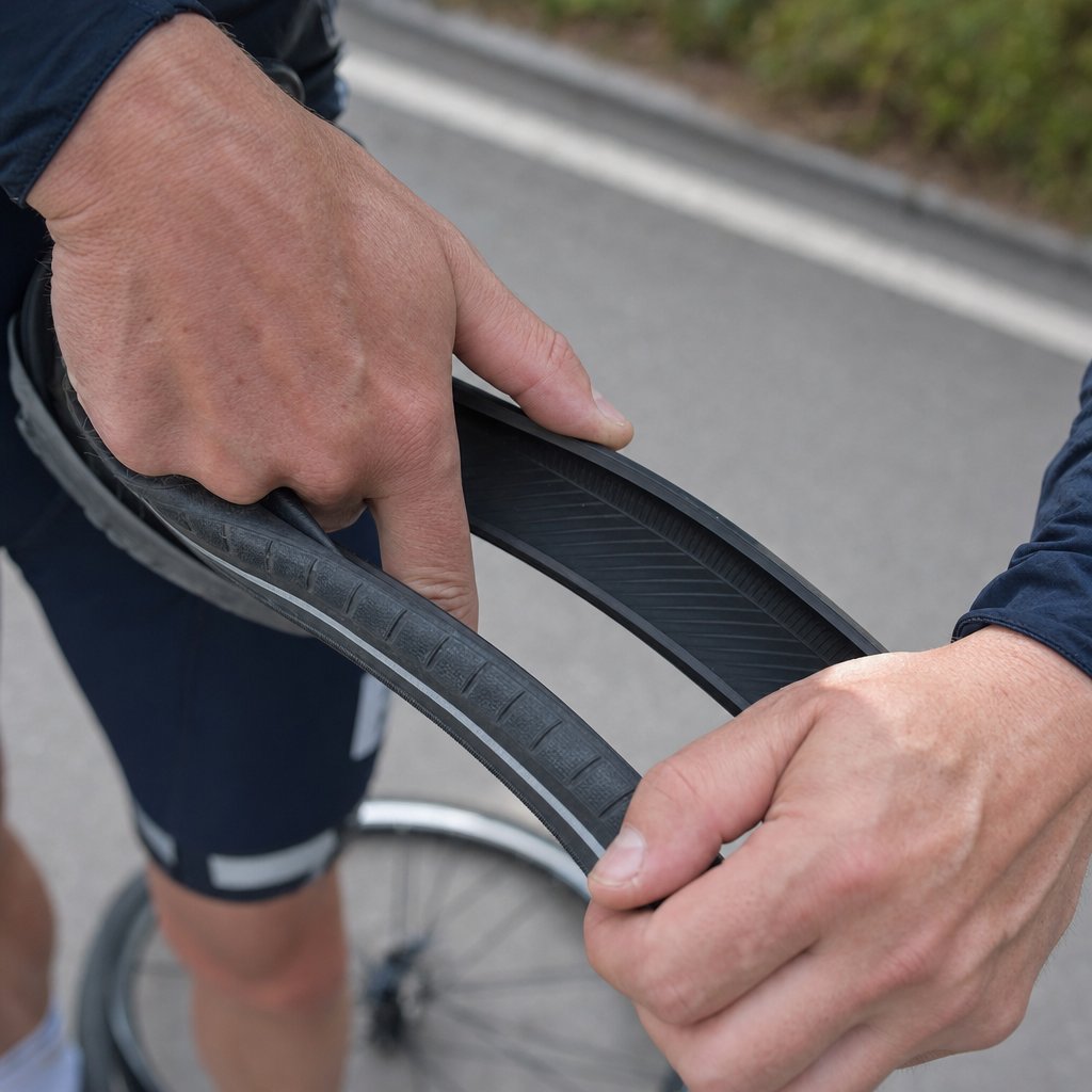 Hands checking the inside of a bicycle tire casing for a thorn or piece of debris