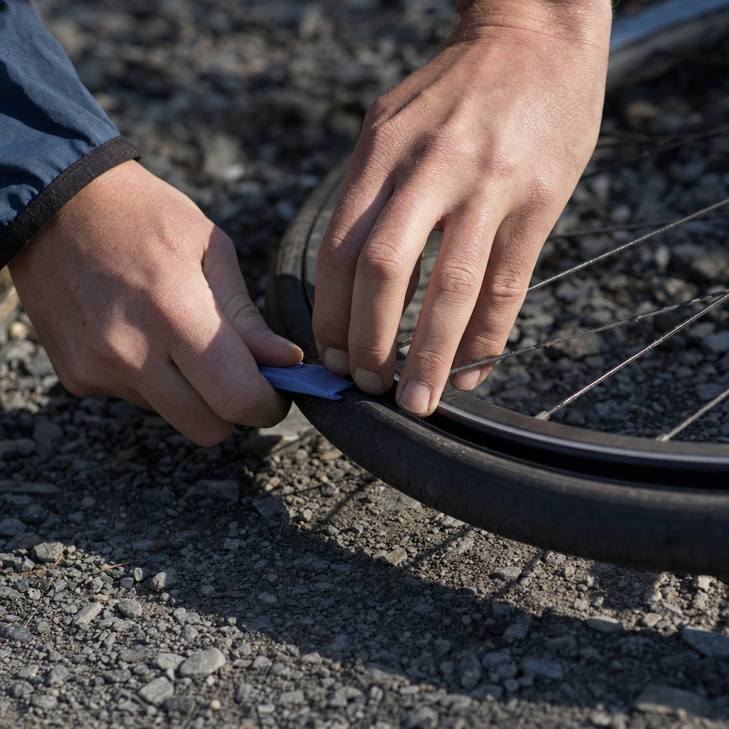 Close-up of hands using a tire lever to pry a bicycle tire bead off the rim