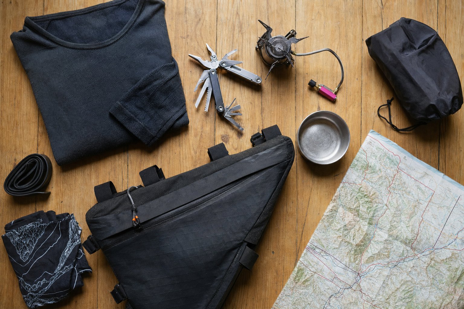 Overhead flat-lay of touring and bikepacking gear including a frame bag, multitool, stove and map
