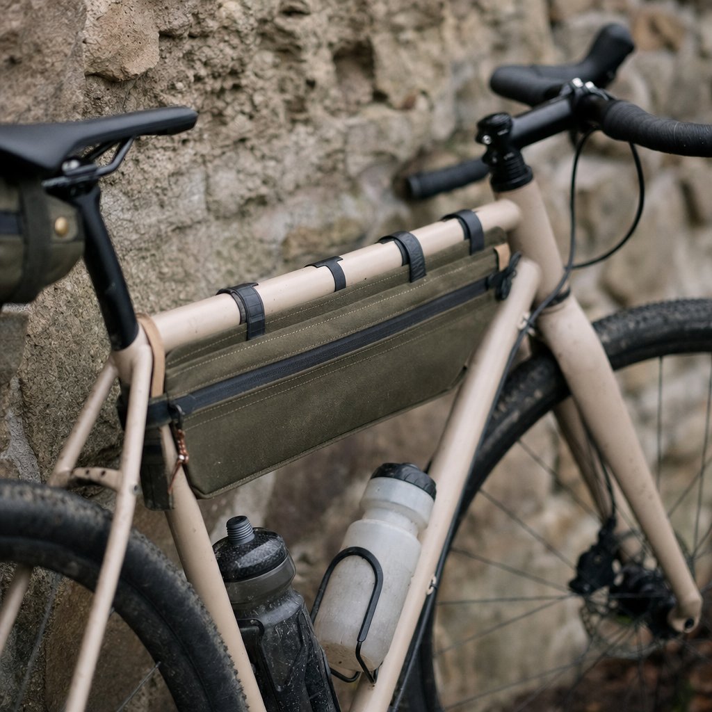 A canvas bikepacking frame bag mounted on a gravel bike's top tube, leaning against a stone wall