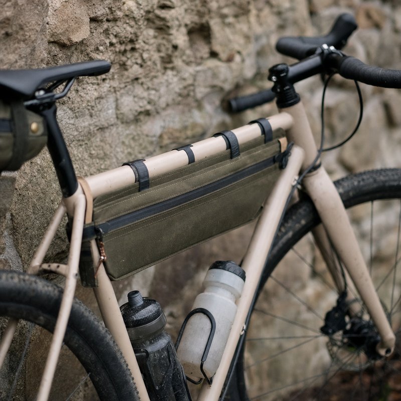 A canvas bikepacking frame bag mounted on a gravel bike's top tube, leaning against a stone wall