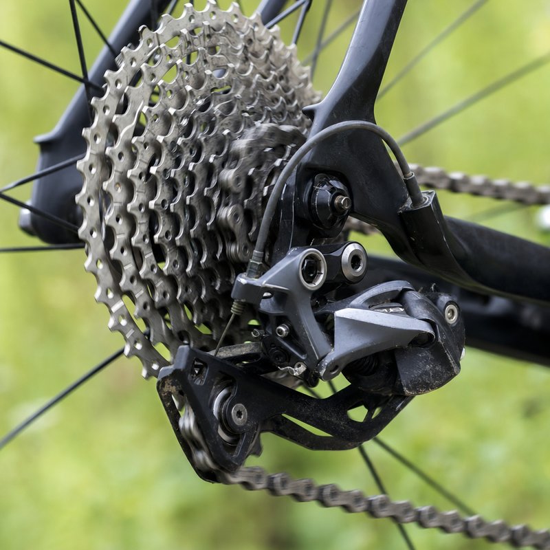 Close-up of a bicycle rear derailleur and cassette mid-shift