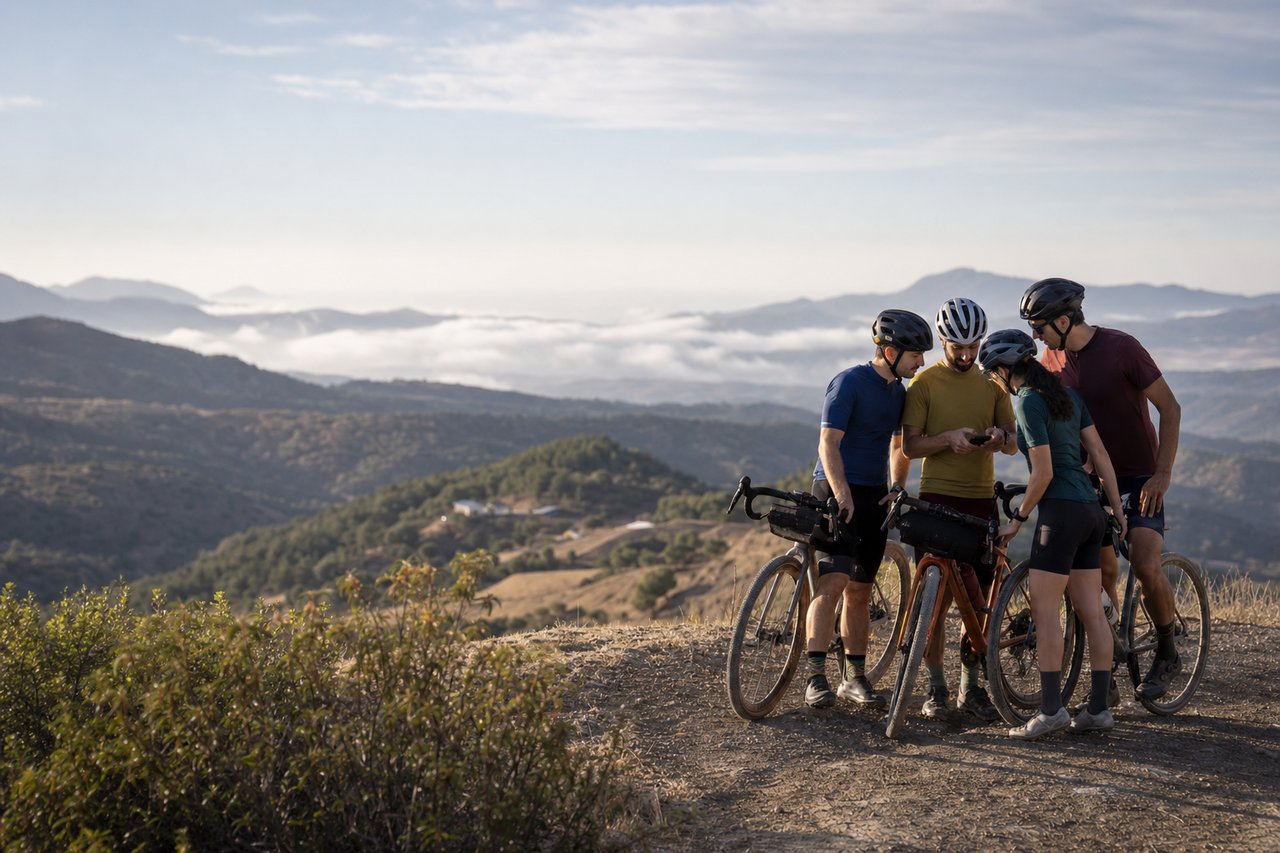 A small group of riders on gravel bikes pausing at the top of a dirt fire road climb, checking a route together