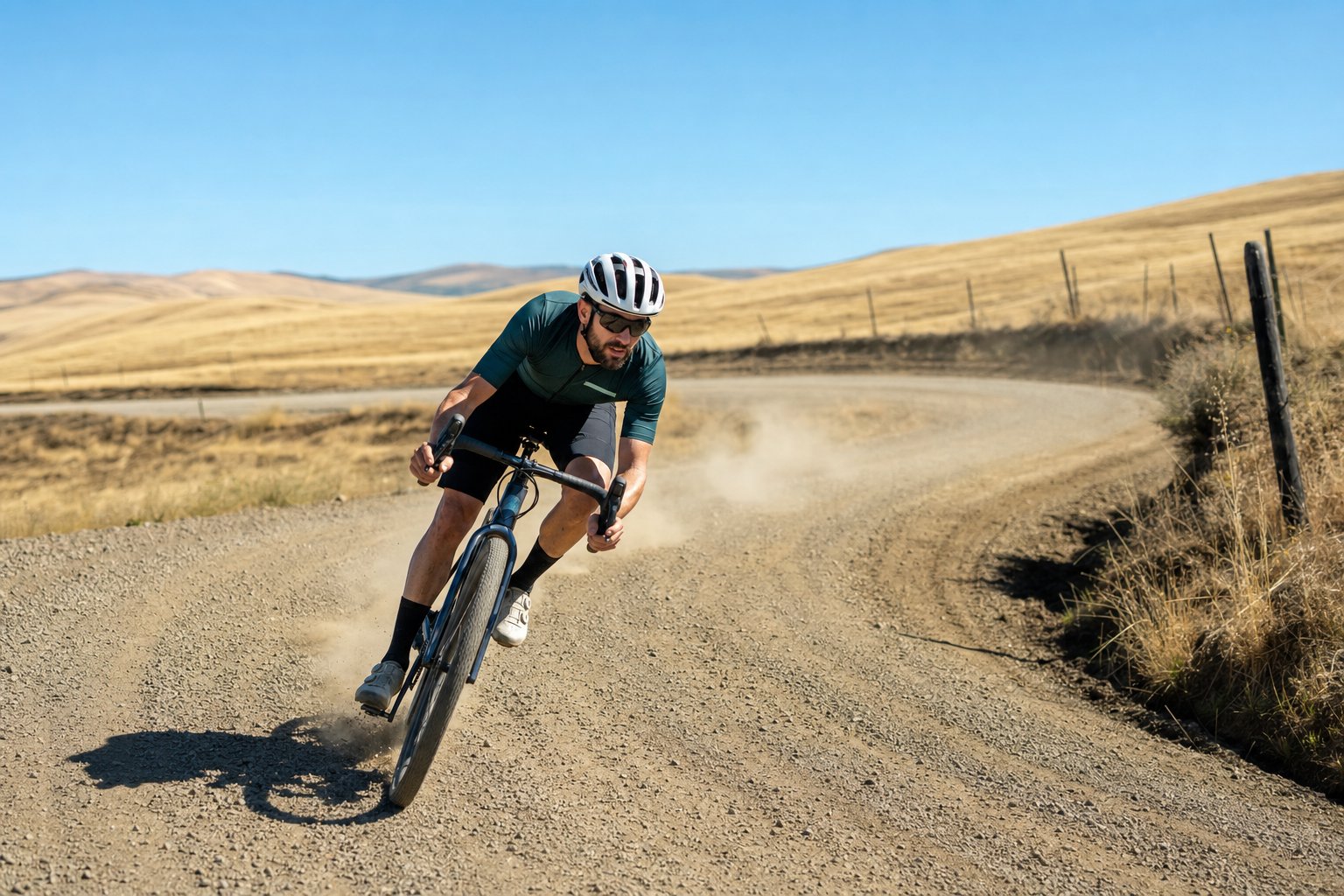A gravel bike ridden around a dusty bend on a wide open gravel road through dry farmland hills