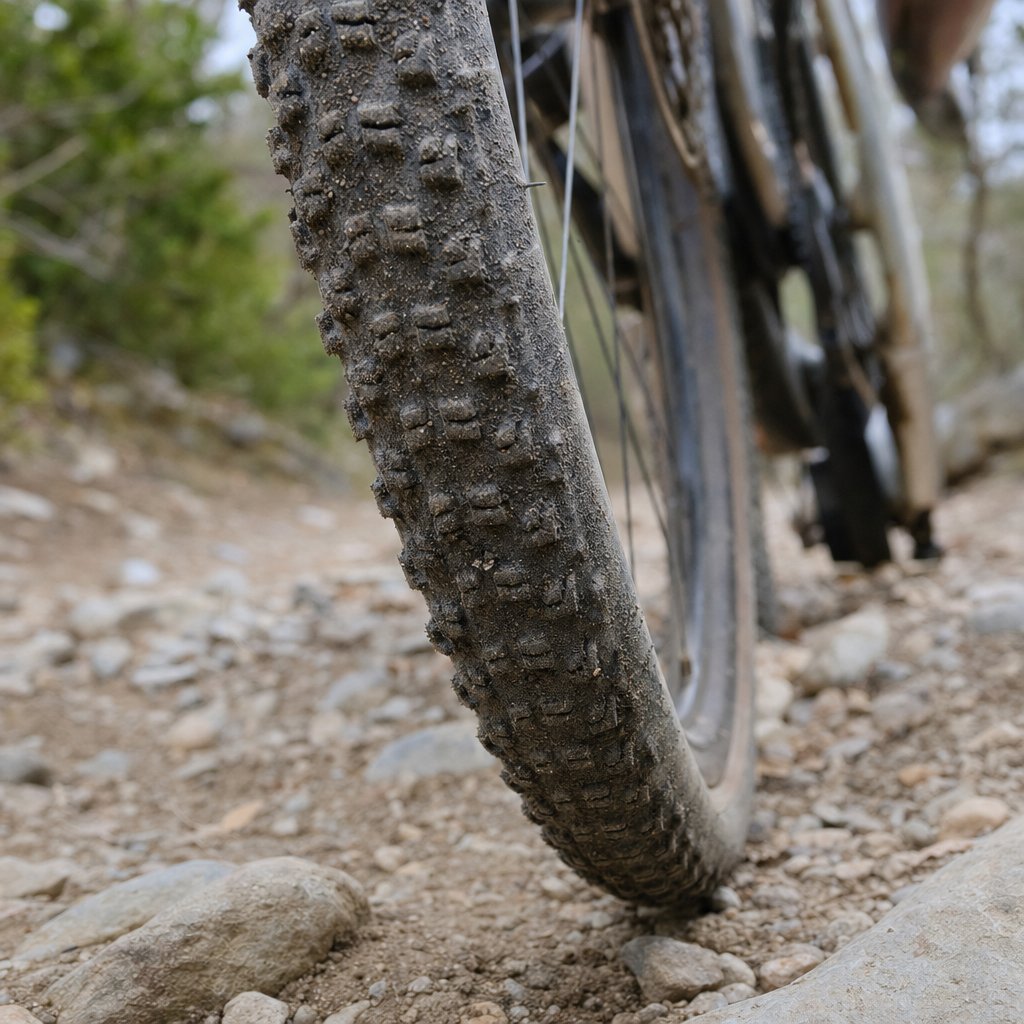 Extreme close-up of a knobby gravel bike tire tread pattern