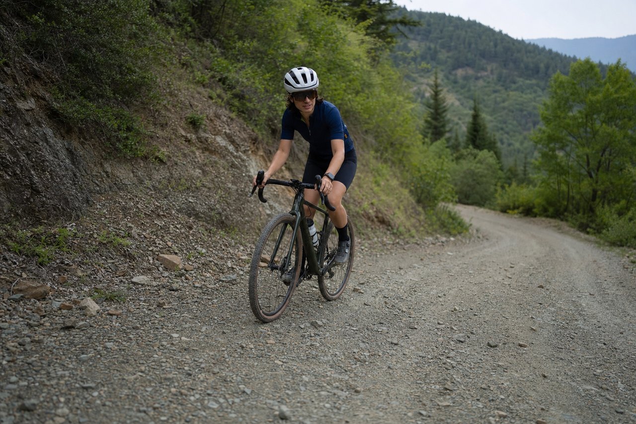 A cyclist on a drop-bar gravel bike climbing a loose gravel switchback in a relaxed, slightly upright position, hands on the tops of the bars