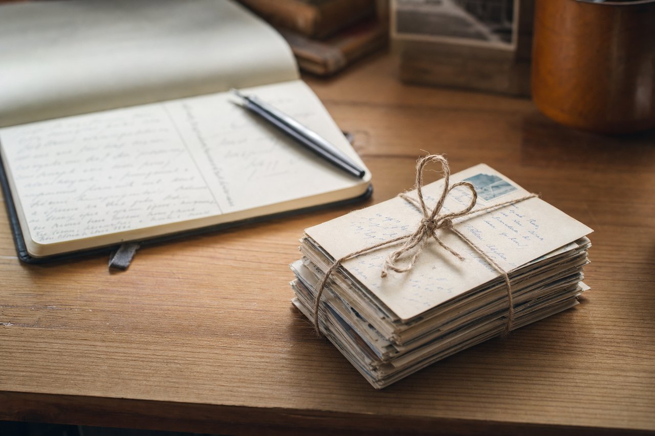 A small stack of handwritten postcards tied with string resting on a wooden desk beside an open notebook and pen