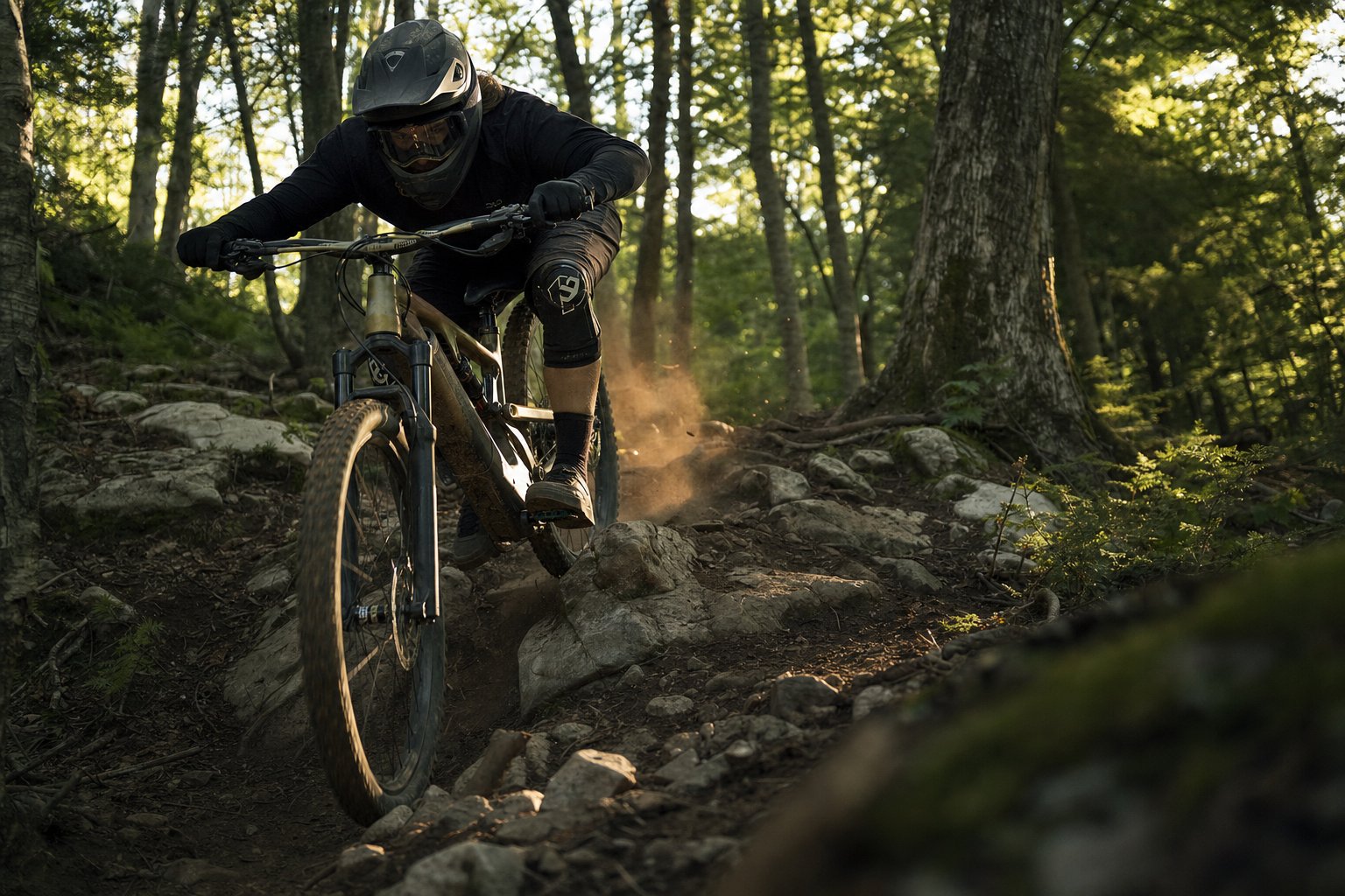 A mountain biker descending a steep, highly technical rocky singletrack trail through a forest, kicking up dust