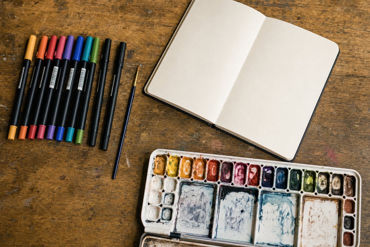 A flat-lay of an illustrator's pens, a brush and a watercolor palette beside a blank sketchbook page