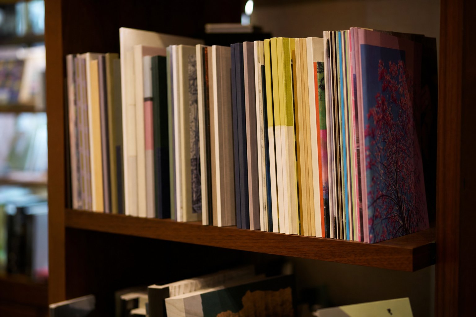A shelf of independent magazines and design-forward publications in a bookshop