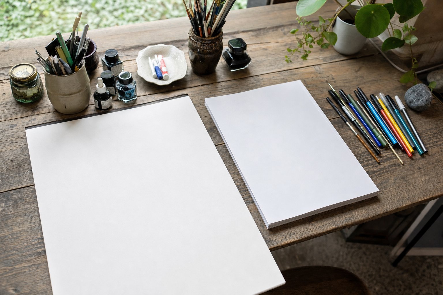 An illustrator's print studio desk from above, pens, brushes and a blank magazine cover mockup on worn wood