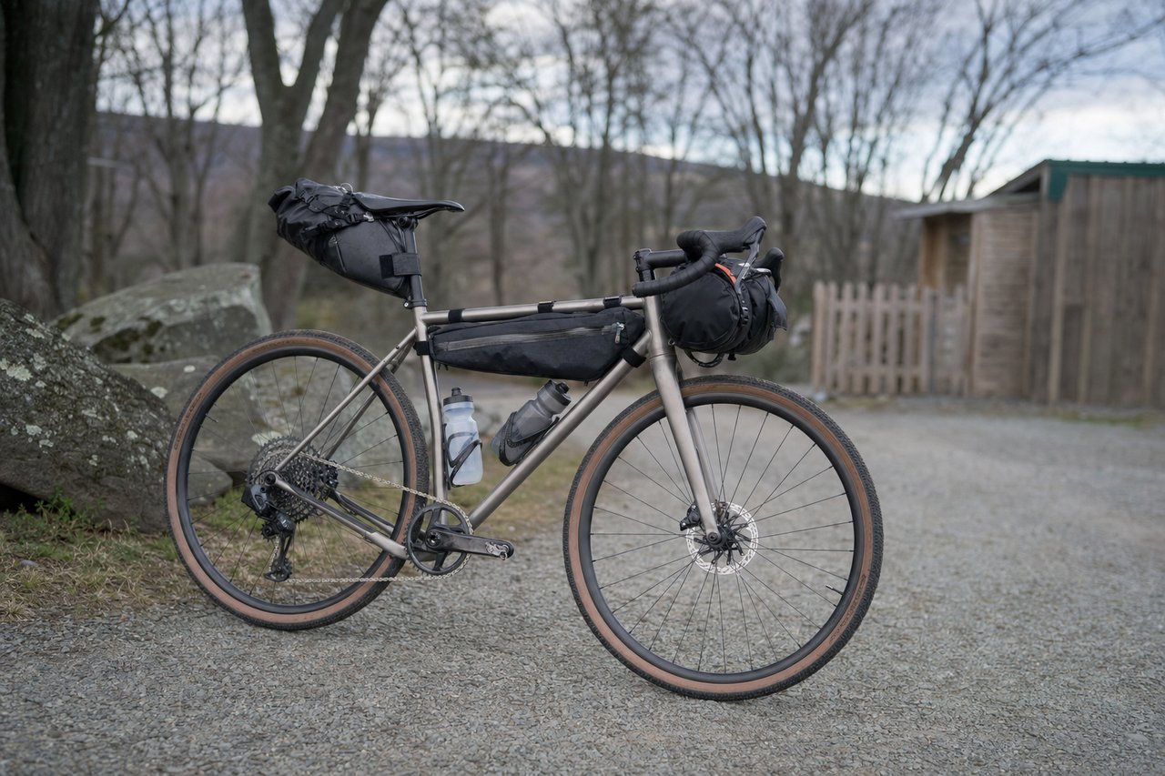 A fully loaded bikepacking bike showing the frame bag, seat pack and handlebar roll all visible at once