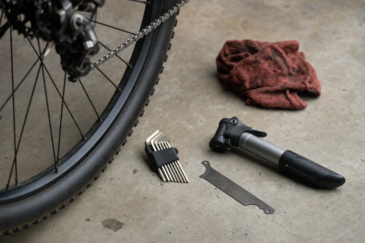 A basic bike tool kit — allen keys, a mini pump and a chain tool — laid on a garage floor beside a wheel, with a rag nearby