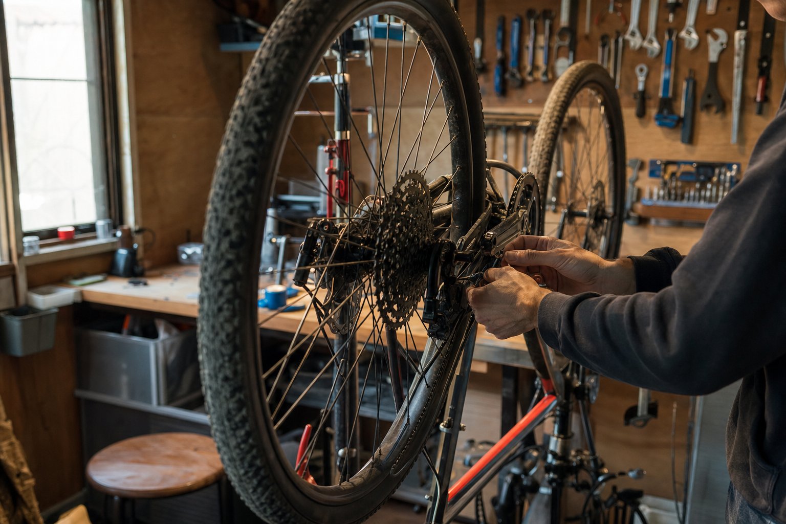 A bicycle upside down on a repair stand in a home workshop, hands adjusting the drivetrain