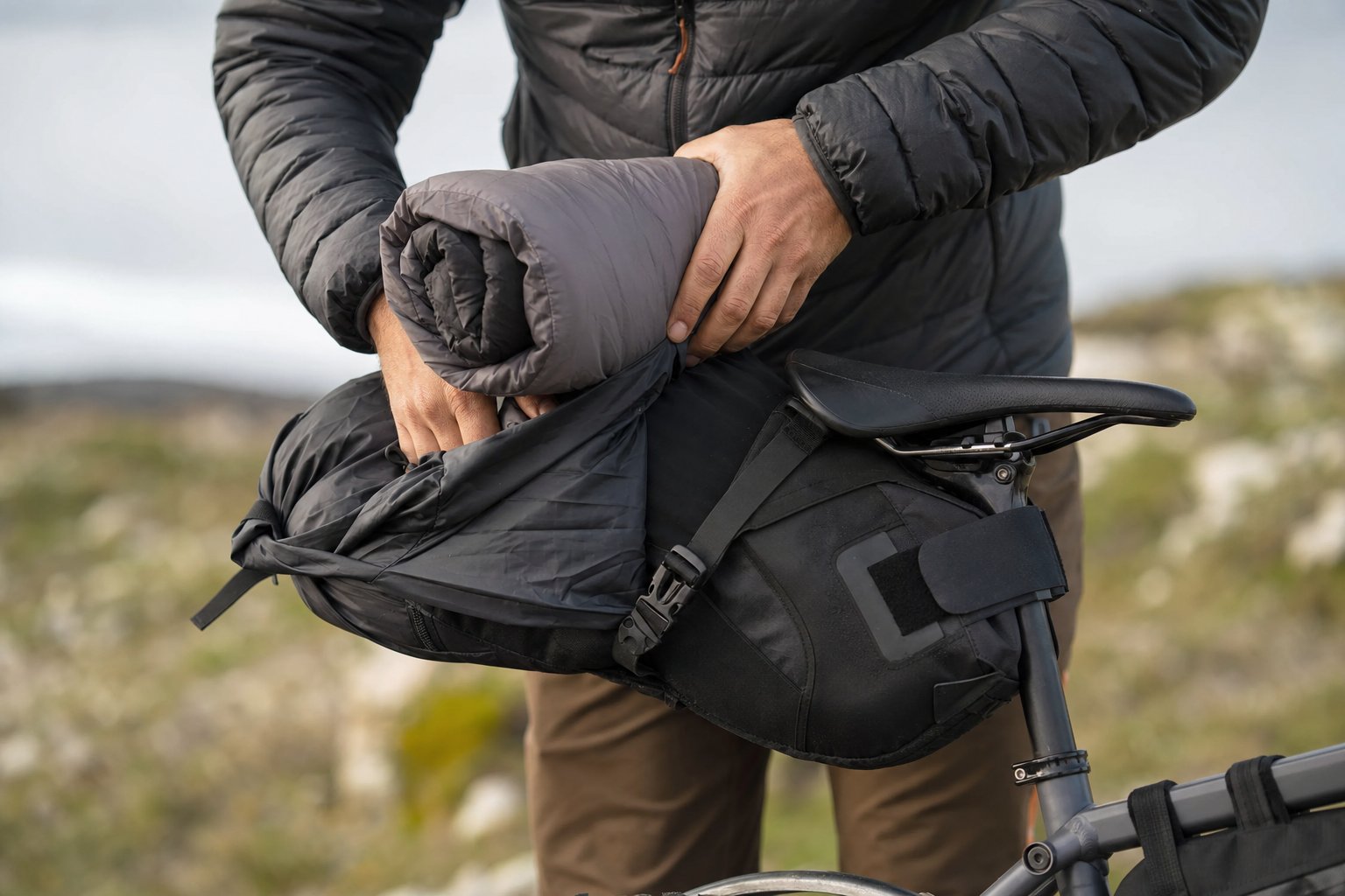 Hands rolling a sleeping bag and compressing it into an open bikepacking seat pack mounted on a bike