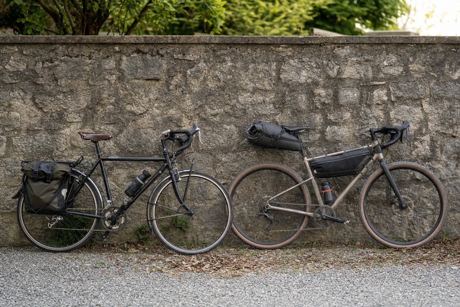 Two bicycles parked side by side, one fitted with rear panniers and the other with a bikepacking frame bag setup