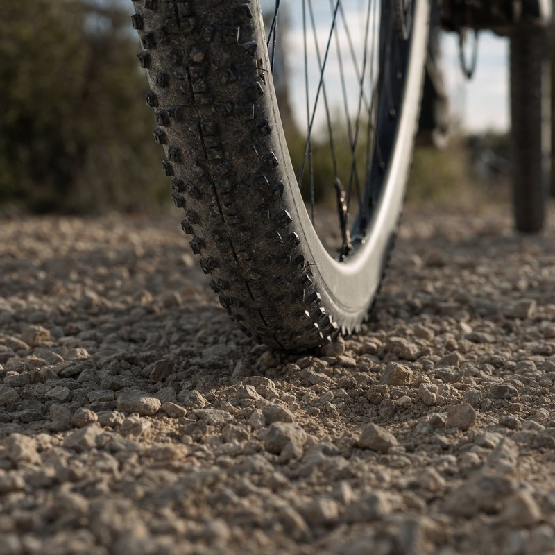 A close-up of a knobby gravel bike tire resting on loose gravel
