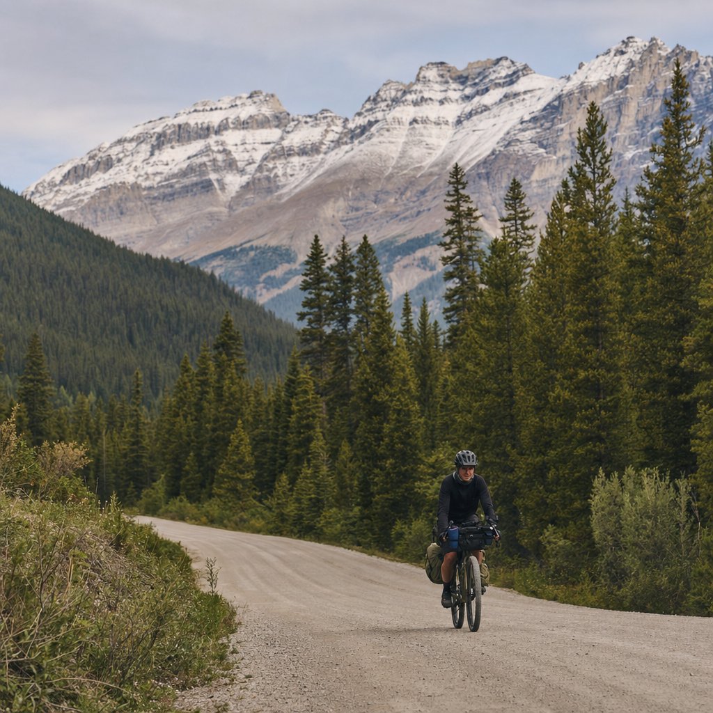 A lone cyclist riding a remote gravel forest road through the Rocky Mountains