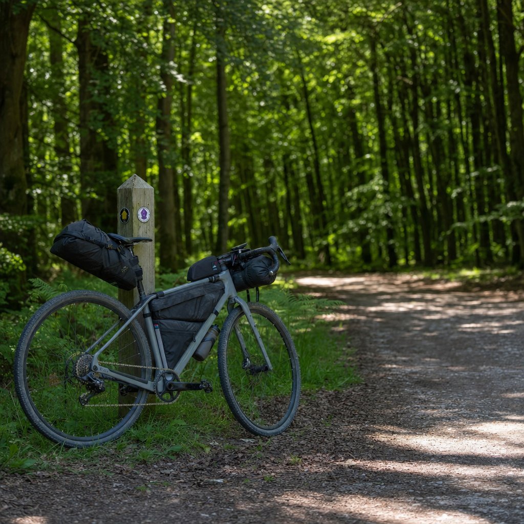 A loaded bikepacking bike leaning against a National Trail waymarker post at the edge of a woodland