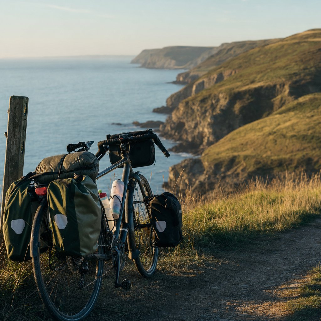 A loaded touring bike parked on a coastal path overlooking cliffs on England's south-west coast