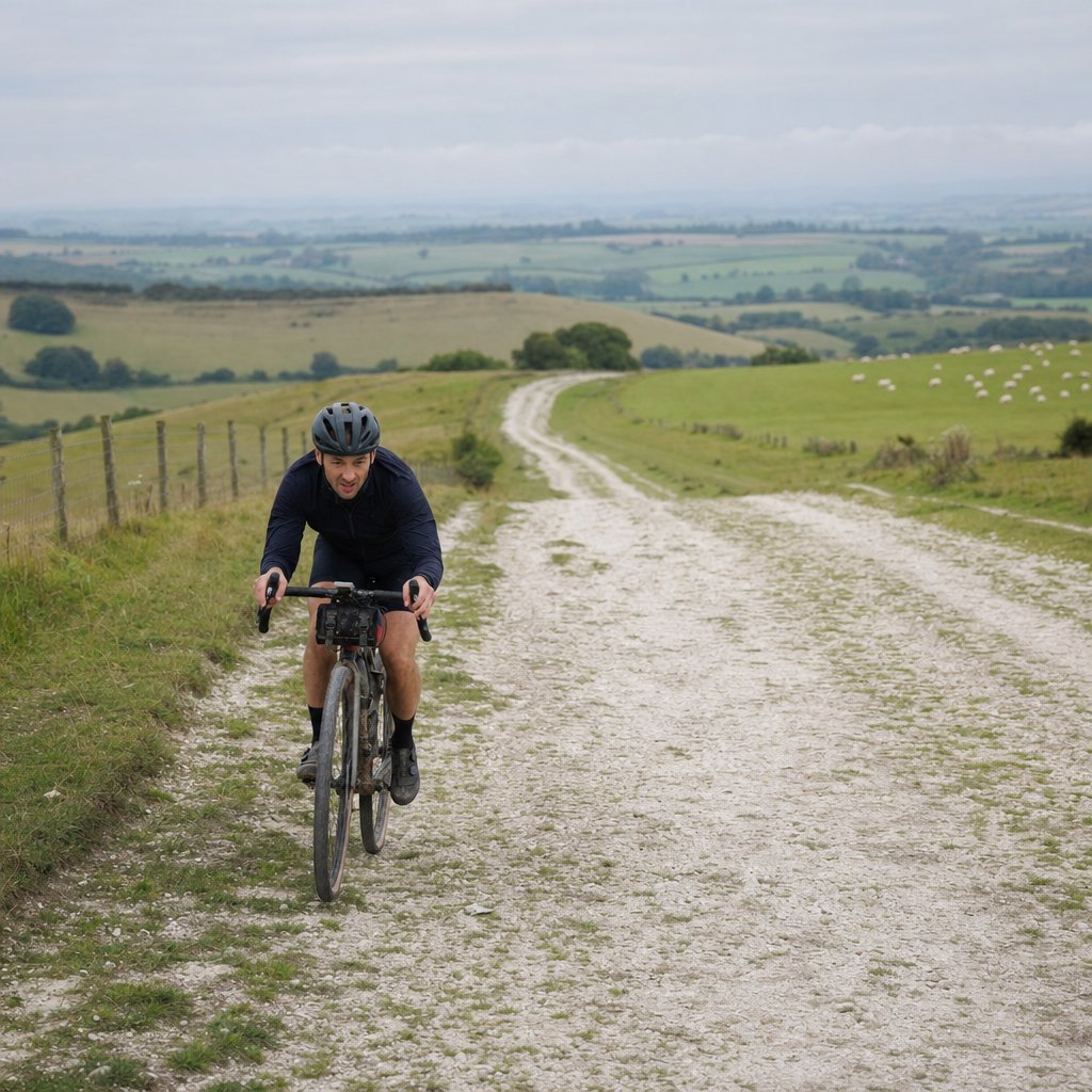 A cyclist riding a wide chalky white downland track through rolling English farmland