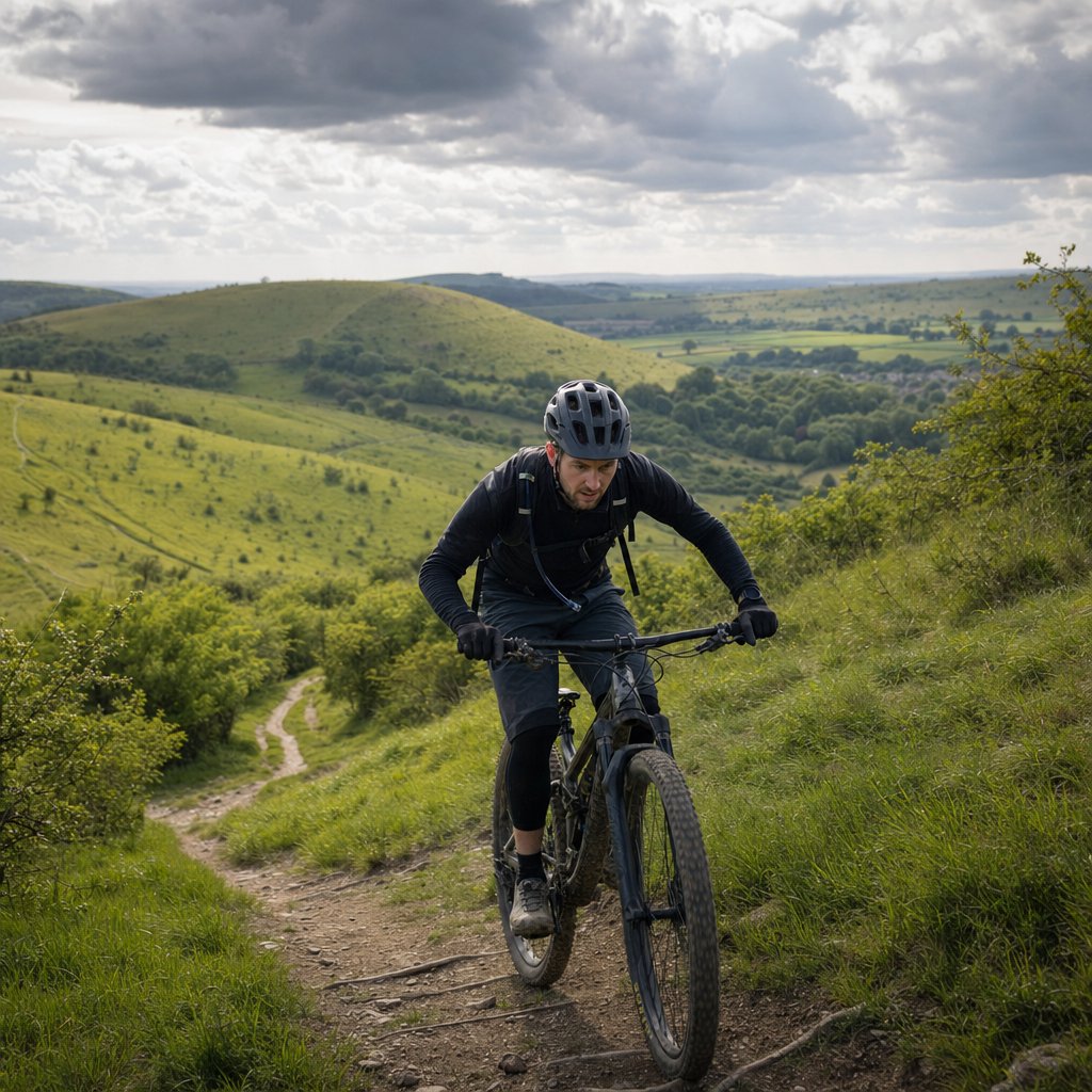 A mountain biker climbing a steep grassy bridleway across open chalk downland hills