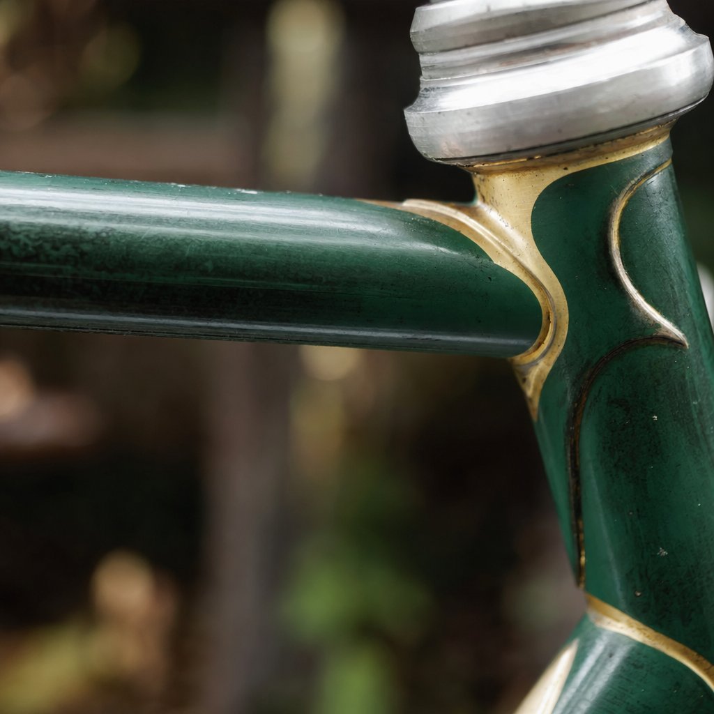 Close-up of a classic steel touring bicycle frame's lugged joint