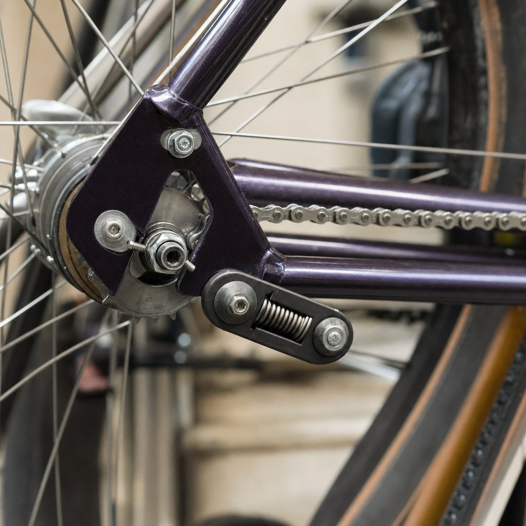 A small spring-loaded chain tensioner arm bolted near a singlespeed bicycle's rear vertical dropout