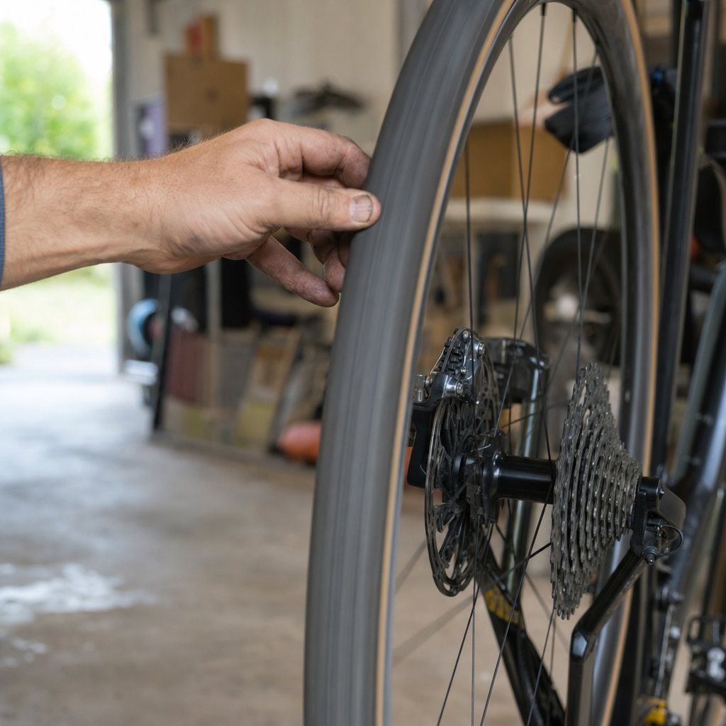 A hand spinning a lifted bicycle wheel, listening for drag or noise